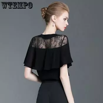 Черные кружевные топы. Женская летняя шифоновая рубашка с v-образным вырезом и оборками. Тонкая футболка с короткими рукавами. Шикарная нишевая футболка с баской. S чёрный