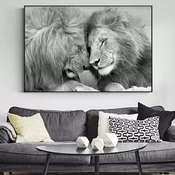 Черные львы, холст, картины на стене, скандинавский стиль, африканский лев, голова к голове, постеры и принты, настенные художественные фотографии, домашний декор 20*40cm