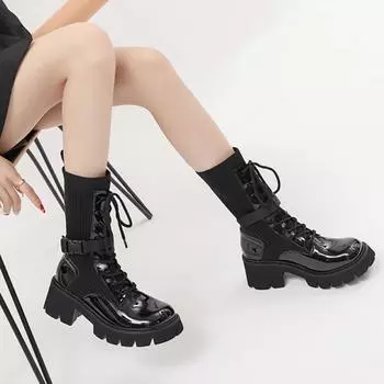 Черные лакированные женские туфли на платформе 2024 года, новые модные женские сапоги до середины голени с круглым носком, повседневные вязаные короткие сапоги на шнуровке 35 чёрный
