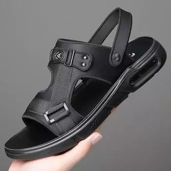 Черные летние кожаные сандалии для мужчин, пляжная обувь, повседневная праздничная обувь, удобные дышащие нескользящие тапочки на толстой подошве 38 чёрный