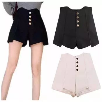 Черные летние шорты А-силуэта, свободные шорты с высокой талией, повседневные однотонные облегающие шорты для офиса XL чёрный