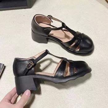 Черные летние женские босоножки на каблуках, лето 2024 г., удобные босоножки из искусственной кожи, женские босоножки на среднем каблуке с круглым носком в римском стиле 35 чёрный