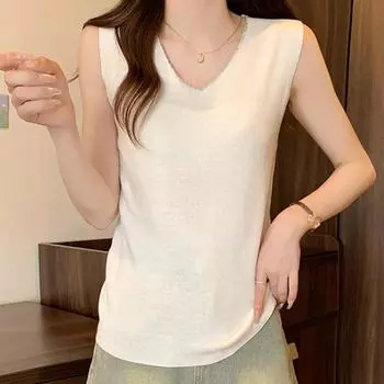 Черные майки женские летние 2025 без рукавов с V-образным вырезом белые узкие трикотажные майки женские топы JJ257 One Size белый