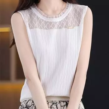 Черные майки женские летние 2025 без рукавов с круглым вырезом белые трикотажные майки женские топы JJ290 One Size чёрный