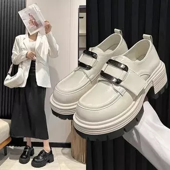 Черные маленькие кожаные туфли на толстой подошве в стиле ретро, женские туфли на одинарной платформе, новинка 2024 года на толстом каблуке 35 светло-бежевый