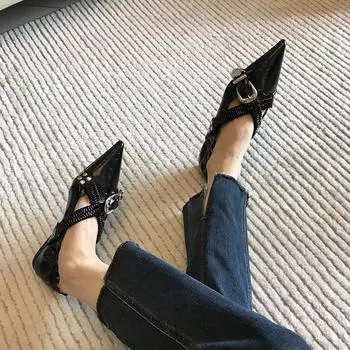 Черные маленькие кожаные туфли в стиле Royal Sister, женские туфли Doudou с перекрестной кожаной пряжкой, весенняя и летняя одежда, туфли Mary Jane Single 35 чёрный