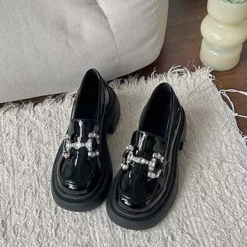 Черные маленькие кожаные туфли женские летние туфли Hundred Matching Shoes толстые туфли Lefou французские туфли на плоской подошве 35 чёрный