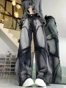 Черные модные джинсы с высокой талией в стиле хип-хоп, женские винтажные уличные брюки с широкими штанинами Y2K, женские элегантные повседневные мешковатые джинсовые брюки, новые S чёрный