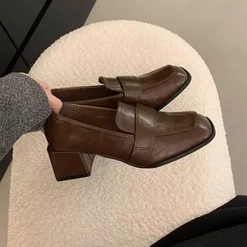 Черные мокасины с квадратным носком, ленивые, с одной педалью, на толстом высоком каблуке, маленькие кожаные туфли, универсальные французские туфли Мэри Джейн, женские, на среднем каблуке 35 чёрный