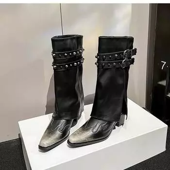 Черные мягкие кожаные брюки-брюки с заклепками и пряжками на толстом высоком каблуке в стиле ретро-ковбой до середины голени женские длинные сапоги в готическом стиле 35