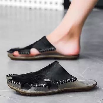 Черные мягкие кожаные сандалии мужские плоские шлепанцы тапочки уличные пляжные сандалии домашние сандалии без застежек летняя обувь 38 коричневый