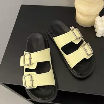 Черные мягкие нескользящие тапочки на мягкой подошве, женские летние уличные тапочки 2024 года, новые пляжные сандалии на толстой подошве, тапочки с пряжкой на ремне для женщин 35 бежевый