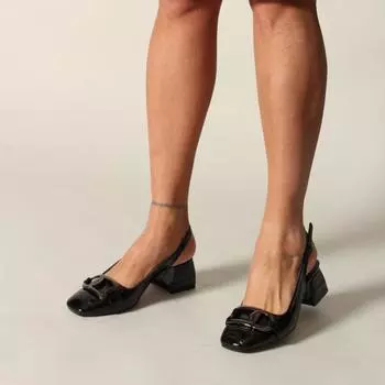 Черные мятые женские туфли из лакированной кожи под крокодила на классическом каблуке