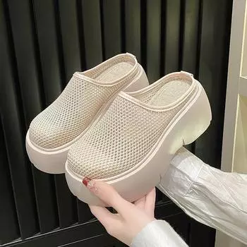 Черные нескользящие женские сетчатые дышащие тапочки Baotou с полуноском, повседневные универсальные пляжные туфли, женские сандалии 2024 35 бежевый