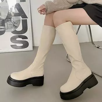Черные, но высокие до колена сапоги-трубы с юбкой на платформе женские новые осенние ретро-ботинки 2025 года, тонкие маленькие сапоги 35 бежевый