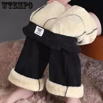 Черные очень толстые плюшевые широкие брюки из ягненка, утолщенные, теплые, с эластичной резинкой на талии, женские прямые свободные повседневные брюки, вельветовая ткань, осень-зима M 40-50kg абрикосовый