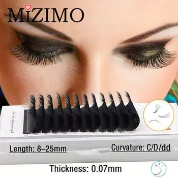 Черные, одиночные, привитые накладные ресницы, толщина 0,07 мм, длина 8-25 мм, естественная кривизна C/D/dd, удлиненные. Составить 0.07--C--8mm