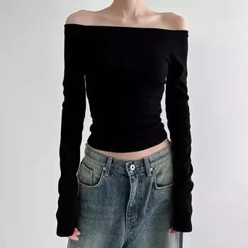 Черные однотонные элегантные топы с длинными рукавами, корейская модная тонкая сексуальная укороченная футболка, женская осенняя одежда S чёрный