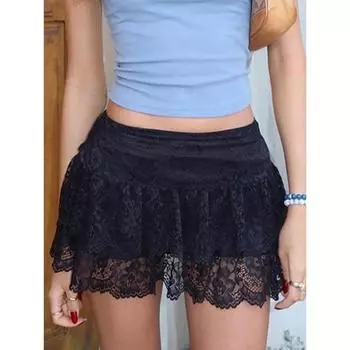 Черные однотонные юбки с низкой талией Многоярусные кружевные шорты Юбки Женская белая юбка Fairycore Micro Boho Корейская мода 2000-х годов Винтажная одежда Y2k S белый
