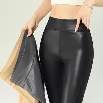 Черные осенне-зимние леггинсы из высококачественного флиса и искусственной кожи, женские обтягивающие леггинсы с высокой талией и подъемом бедер, сексуальные теплые леггинсы из искусственной кожи M серый