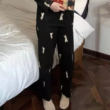 Черные пижамные штаны с рисунком щенка для женщин – свободные, повседневные прогулочные штаны для весны и осени, подойдут для дома и улицы. M чёрный