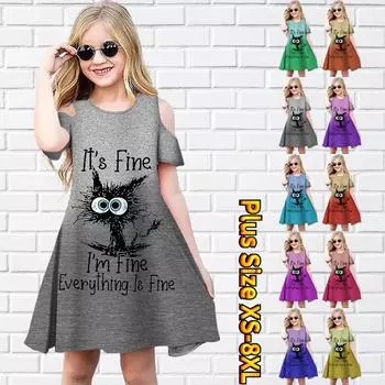 Черные платья с цветочным принтом котенка для девочек, детское праздничное платье с открытыми плечами для девочек, платье принцессы, платье с короткими рукавами для девочек старше 4 лет 180 зелёный