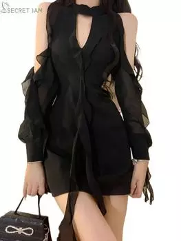 Черные платья женские сексуальные открытые женские повседневные темпераментные весенние с открытыми плечами корейский стиль однотонная ампирная мода XS чёрный