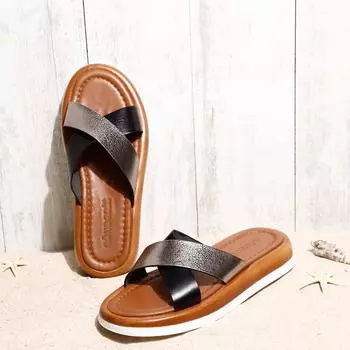 Черные платиновые женские тапочки из натуральной кожи на толстой плоской подошве