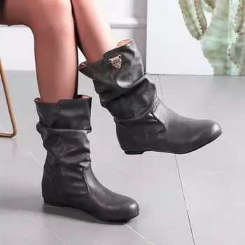 Черные плиссированные сапоги в стиле ретро с плоским дном для женщин 2024 года, новая нишевая мода и тонкие сапоги больших и средних размеров 35 хаки