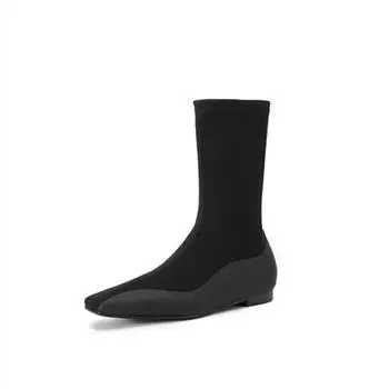 Черные плоские квадратные носки внутри, высокие эластичные сапоги, женские модные тонкие эластичные сапоги до колена, зимние теплые удобные туфли 35