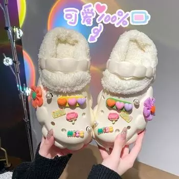 Черные плюшевые тапочки «сделай сам», милые тапочки для девочек, модные зимние тапочки, уличные тапочки с героями мультфильмов на толстой подошве, обувь в подарок на Новый год 41