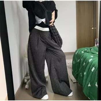 Черные полосатые брюки женские мешковатые винтажные брюки корейского стиля большие модные офисные женские брюки S чёрный