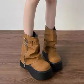 Черные популярные локомотивные утягивающие и увеличивающие ногу ботинки Martin на толстой подошве женские 2025 новые осенние брюки сапоги маленькие короткие сапоги 34 коричневый