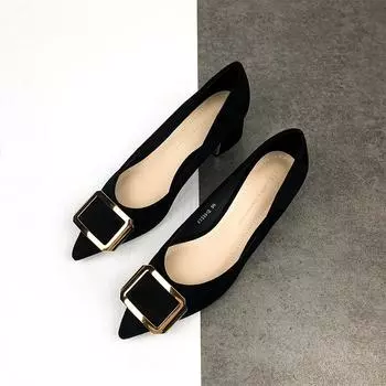 - Черные профессиональные туфли на высоком каблуке женские толстый каблук весенние замшевые остроносые одинарные туфли средний каблук 34 [Spot]