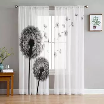 Черные прозрачные шторы с одуванчиками для гостиной, современные модные занавески с балдахином для кухни, тюлевые шторы 135W x 114H(cm)