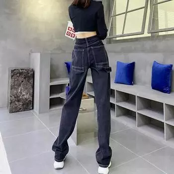 Черные прямые джинсы Женские весенние брюки с высокой талией и тонкие свободные широкие брюки для мытья полов Ins Tide S чёрный