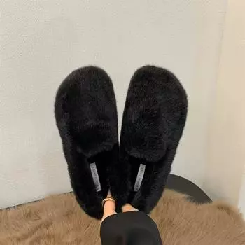 Черные пуховые мокасины Slip On, женские теплые зимние туфли на плоской подошве, пушистые мокасины на мягкой подошве, бежевые мокасины с мехом, балетки для мам и бабушек CN 35 бежевый