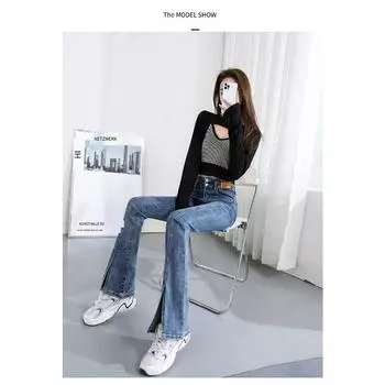 Черные расклешенные джинсы, женские весенне-летние расклешенные брюки с высокой талией, тонкие эластичные широкие брюки с небольшим разрезом XS чёрный