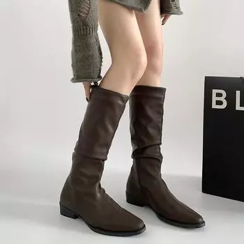 Черные ретро-ботфорты на толстом каблуке женские новые летние 2025 маленькие мужские сапоги с тонким ворсом до колена 35 чёрный