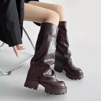 Черные ретро британские сапоги на толстом каблуке и платформе женские новые осенние 2025 тонкие и завышенные брюки рыцарские сапоги 35 чёрный