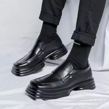 Черные ретро-лоферы с квадратной головкой и низом Muffin Bottom, мужские весенние и осенние туфли на толстой подошве, небольшие кожаные туфли в британском стиле 36770-R 38 чёрный