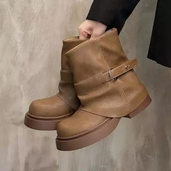 Черные ретро-сапоги с толстой подошвой, женские, весна и осень, тонкие брюки, короткие сапоги, модные и удобные 35 чёрный