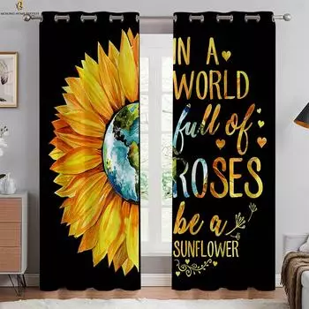 Черные ретро-шторы с цветочным принтом подсолнечника и алфавита для спальни, гостиной, кухни, оконные украшения, 2 шт. W50xH130(CM)x2PCS&Grommet Top