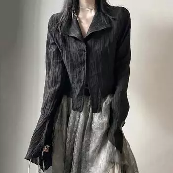 Черные рубашки для женщин, плиссированная блузка на пуговицах, готический стиль, тонкий топ с длинными рукавами, модная винтажная женская одежда Y2k, большие размеры S чёрный