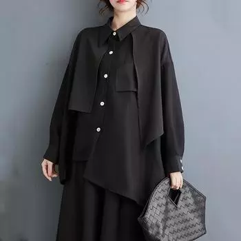 Черные рубашки и блузки больших размеров с длинным рукавом, повседневные свободные топы на весну и осень, женская рубашка на пуговицах