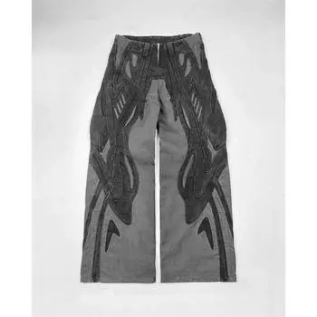 Черные рваные мешковатые джинсы Y2k Harajuku Hip Hop Брюки с высокой талией Новые готические ретро-джинсы Широкие штанины Уличная одежда S