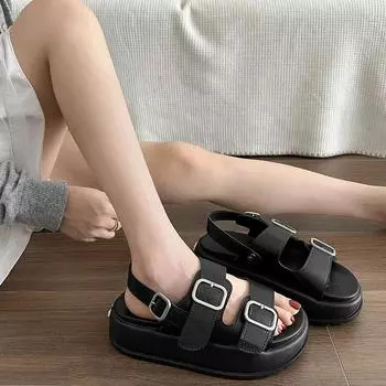 Черные сандалии с одним словом на спортивной платформе, женские, новинка 2025 года, легкая мягкая подошва, увеличивающая высоту голени, римские туфли 35 чёрный