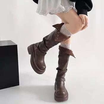 Черные сапоги на толстом каблуке и платформе в ретро-британском стиле для женщин, новинка сезона весна-осень 2025 года, увеличивающие рост, и тонкие рыцарские сапоги 35 чёрный