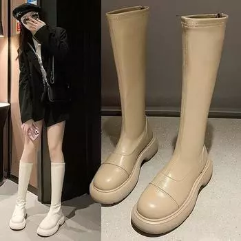 Черные сапоги с толстой подошвой, женские туфли до середины бедра, рыцарские сапоги на весну и осень, модные и удобные 35 хаки