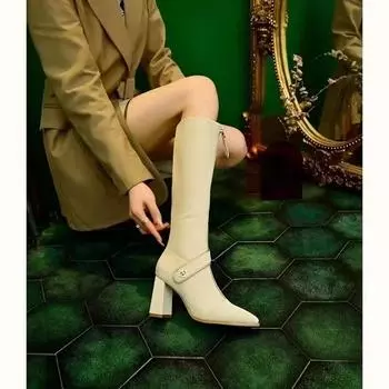 Черные Сапоги Женские 2024 Новые Зимние Сапоги с Пряжкой на Ремне, Тонким Острым Носком и Толстым Каблуком, Ботас Де Мухер, Ботфорты, Белые Сапоги 34